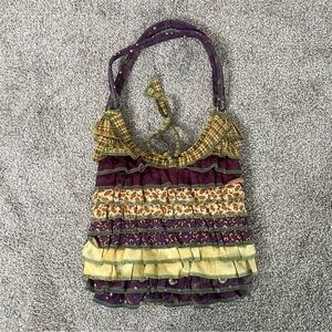 Womens Handmade Ruffle Cottagecore Boho Bag Mix Pattern Quilted Hobo Sack Purse